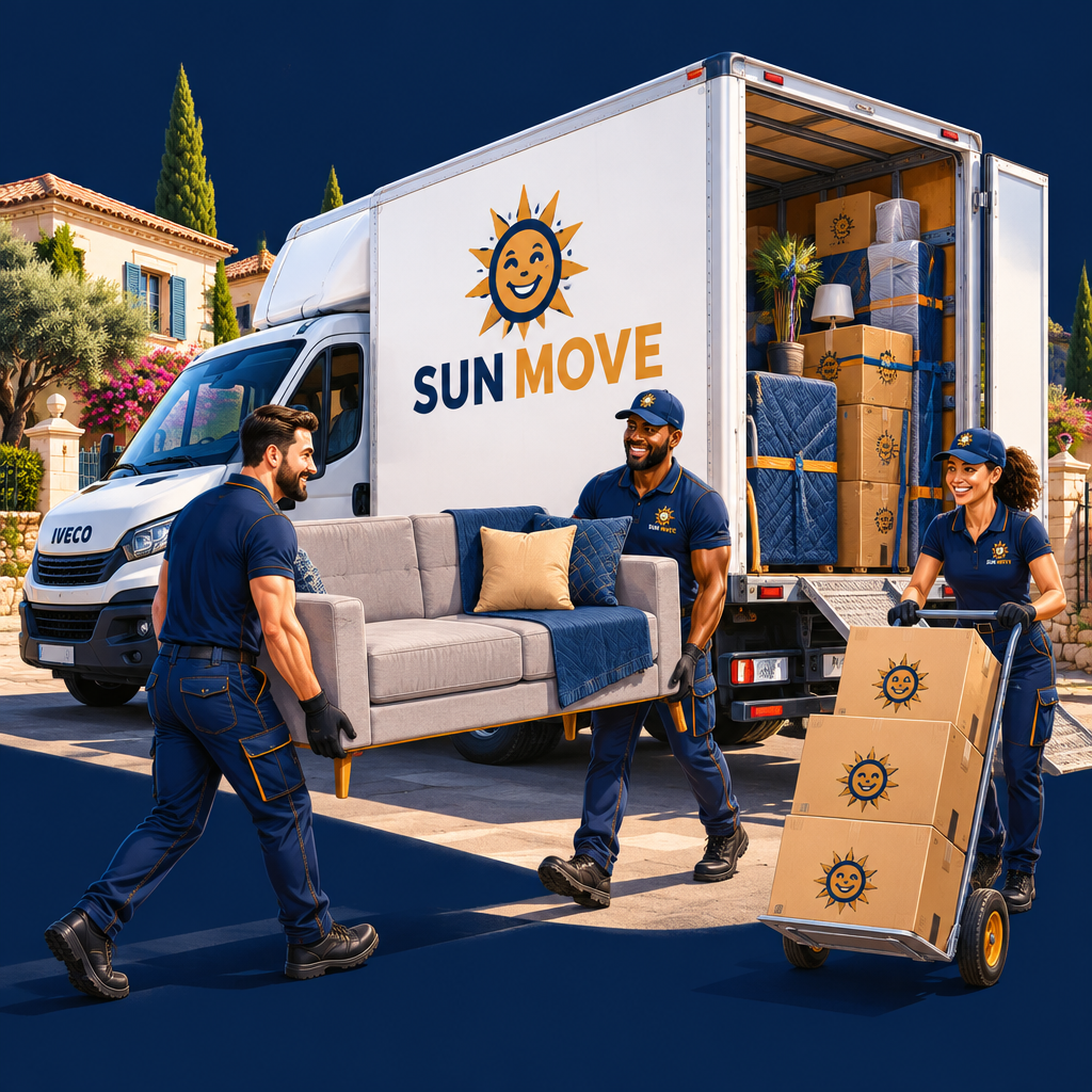 Équipe Sun Move transportant un canapé et des cartons devant son Iveco Daily de déménagement