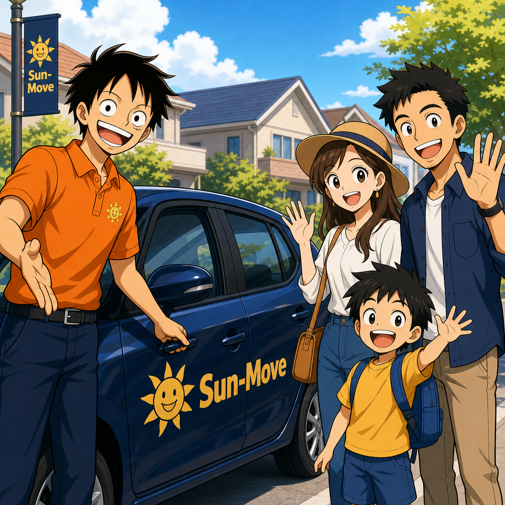 Chauffeur Sun Move ouvre la portière d'une voiture bleue Sun-Move devant une famille souriante
