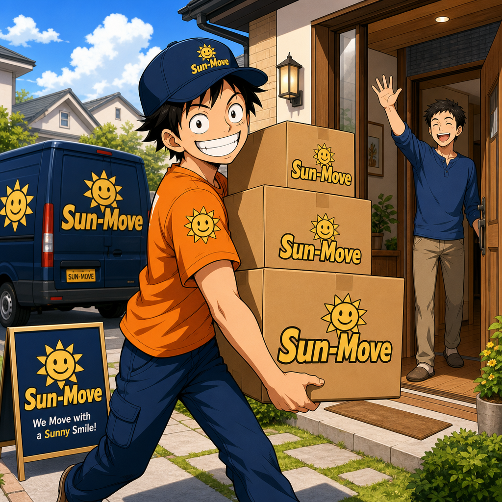 Livreur Sun Move dynamique portant des cartons Sun-Move vers une maison, client souriant sur le pas de la porte