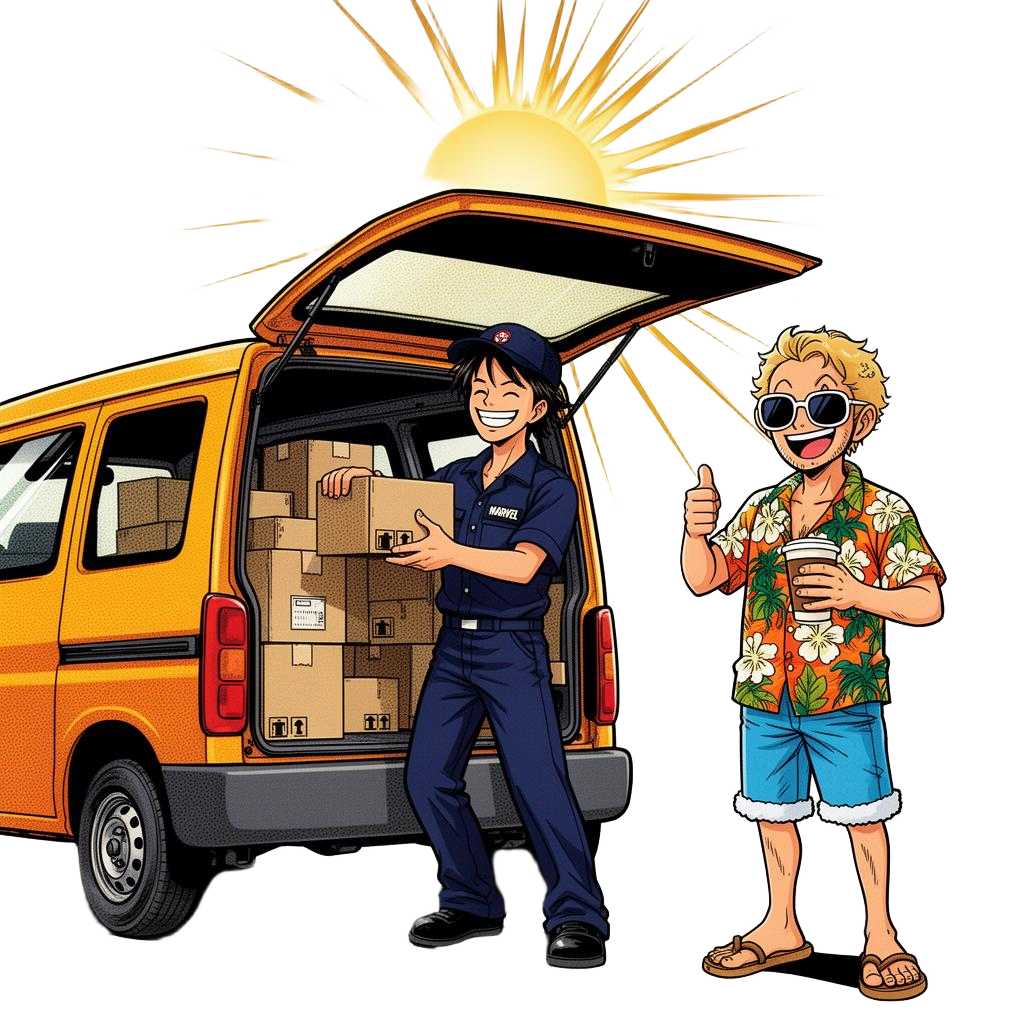 Chauffeur Sun Move chargeant des cartons avec un client souriant